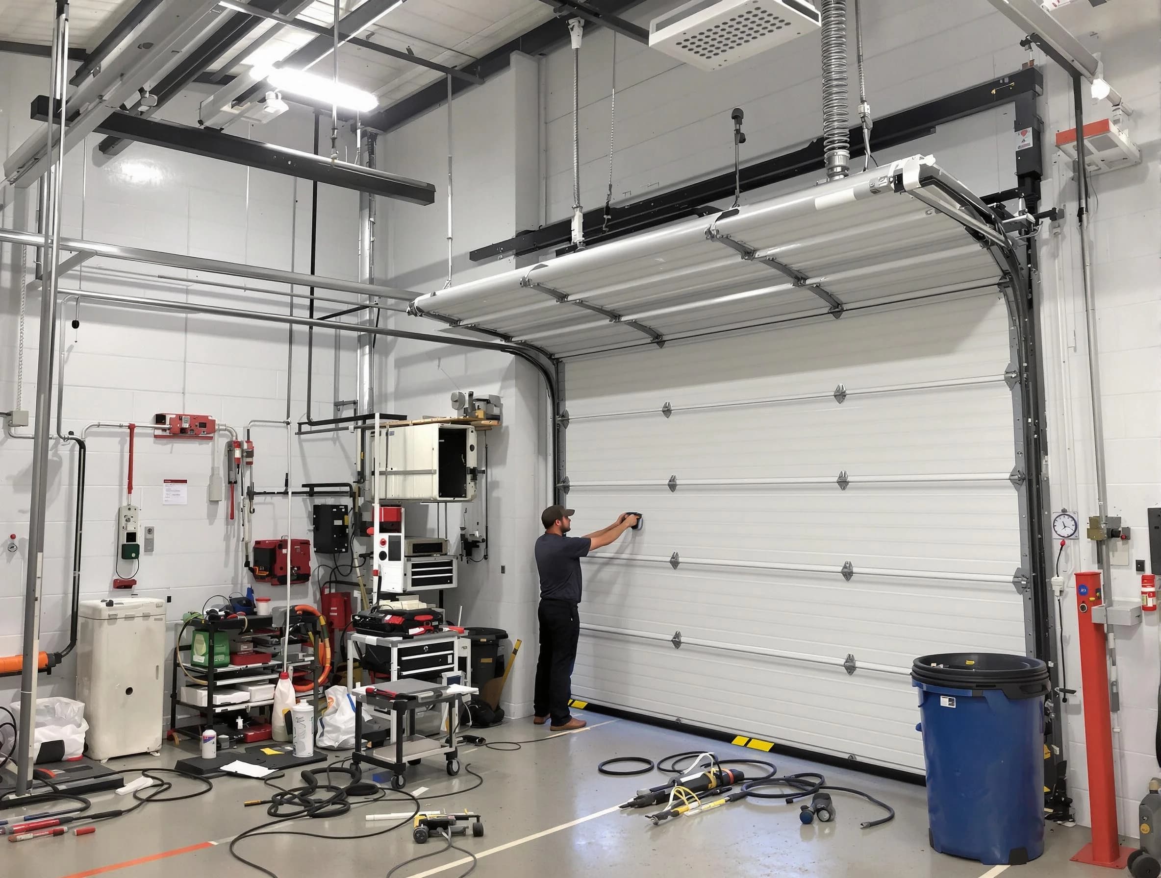 Snellville Garage Door Repair certified technician performing commercial door repair at a Snellville business facility