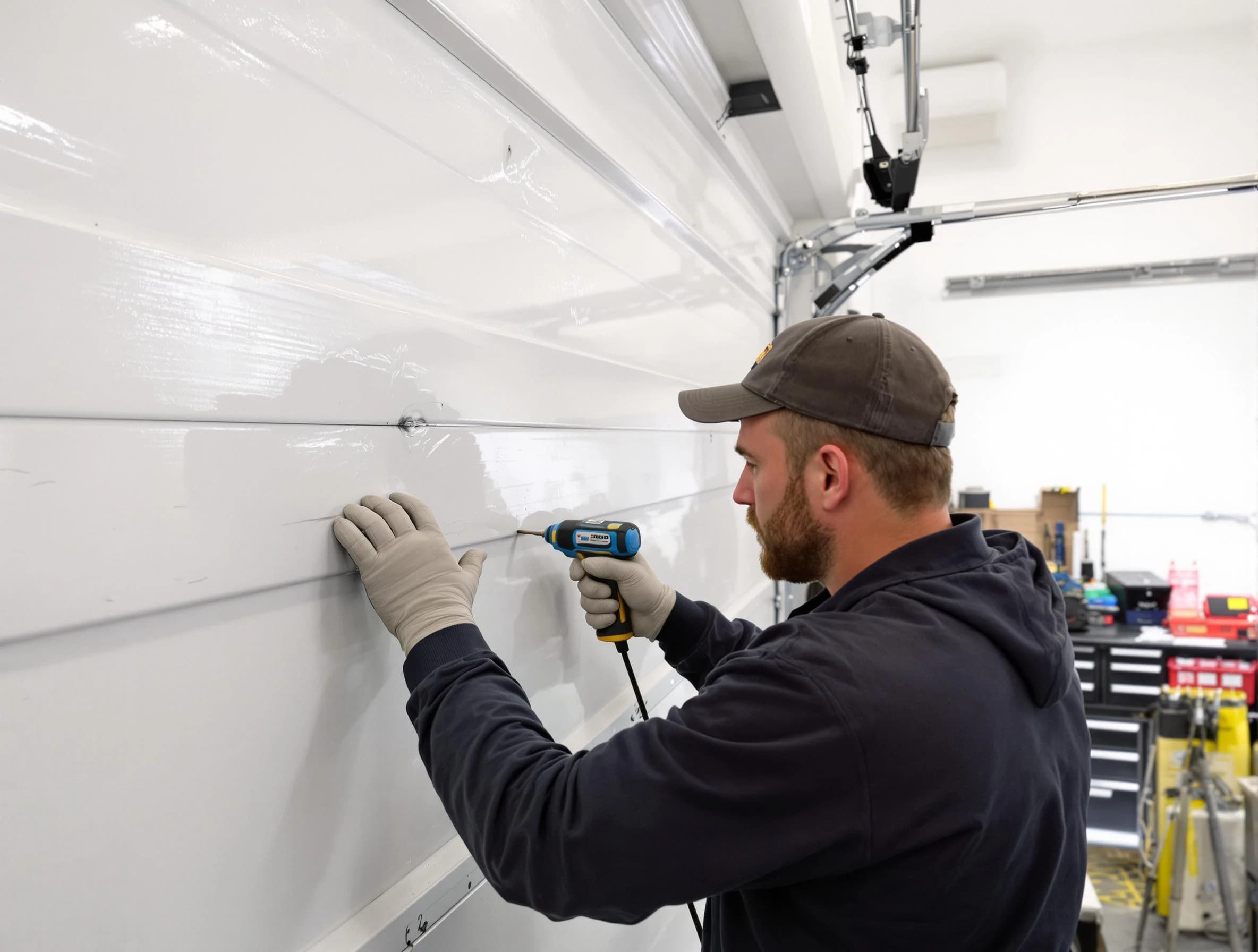 Snellville Garage Door Repair technician demonstrating precision dent removal techniques on a Snellville garage door